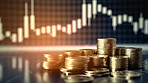 Stock market trading graph and candlestick chart with gold coins. Financial investment concept