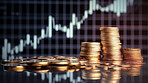 Stock market trading graph and candlestick chart with gold coins. Financial investment concept