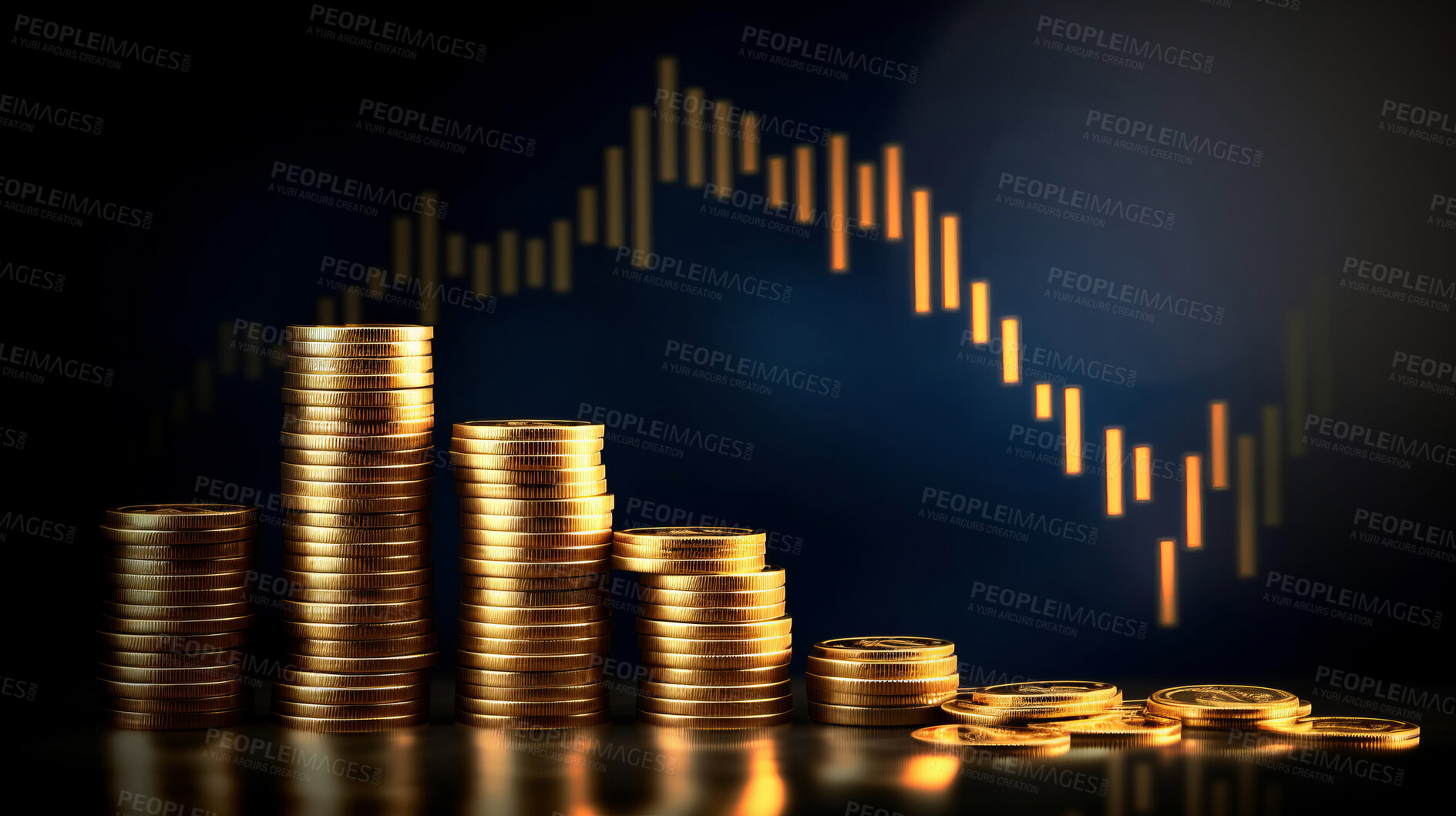 Buy stock photo Stock market trading graph and candlestick chart with gold coins. Financial investment concept