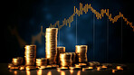 Stock market trading graph and candlestick chart with gold coins. Financial investment concept