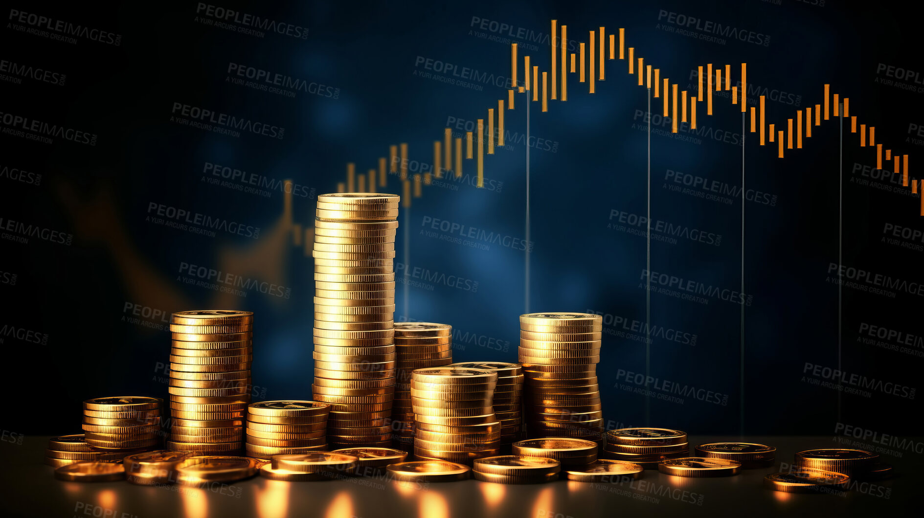 Buy stock photo Stock market trading graph and candlestick chart with gold coins. Financial investment concept