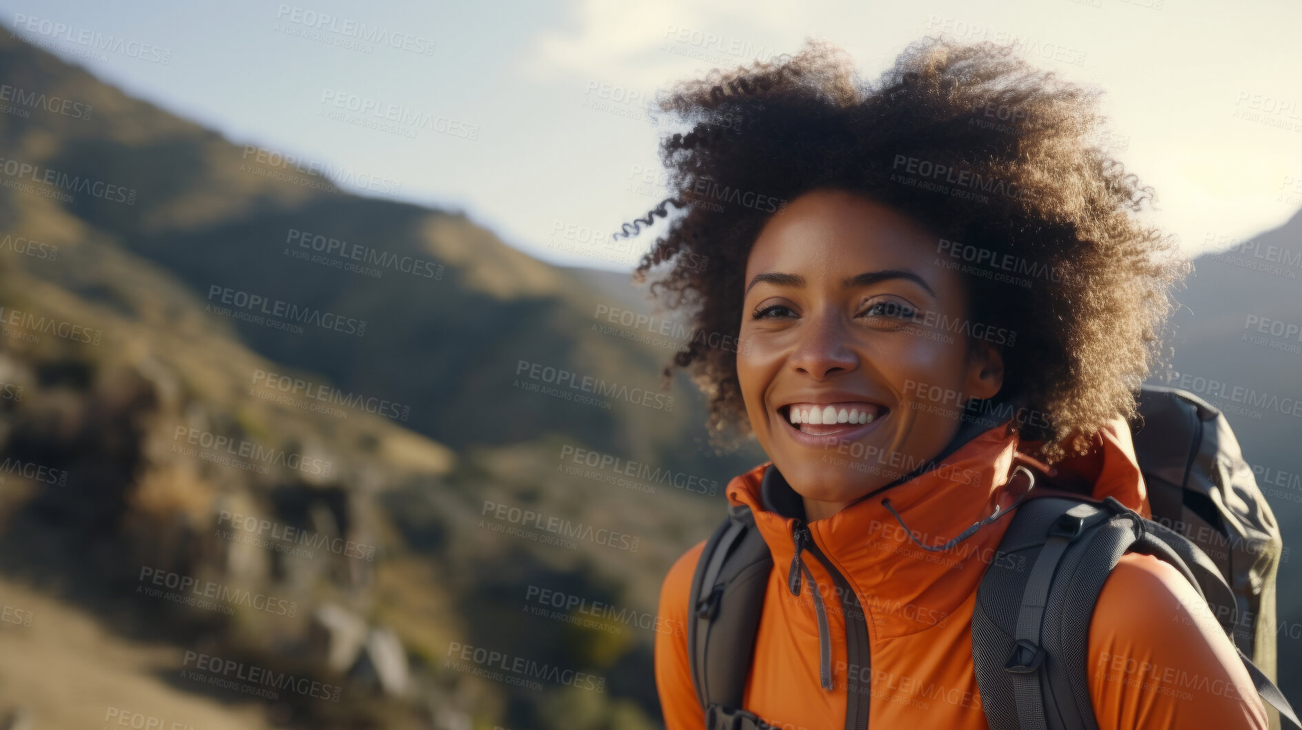 Buy stock photo Happy african american woman hiking outdoors. Fitness hike and travel journey