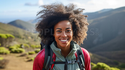 Happy african american woman hiking outdoors. Fitness hike and travel journey