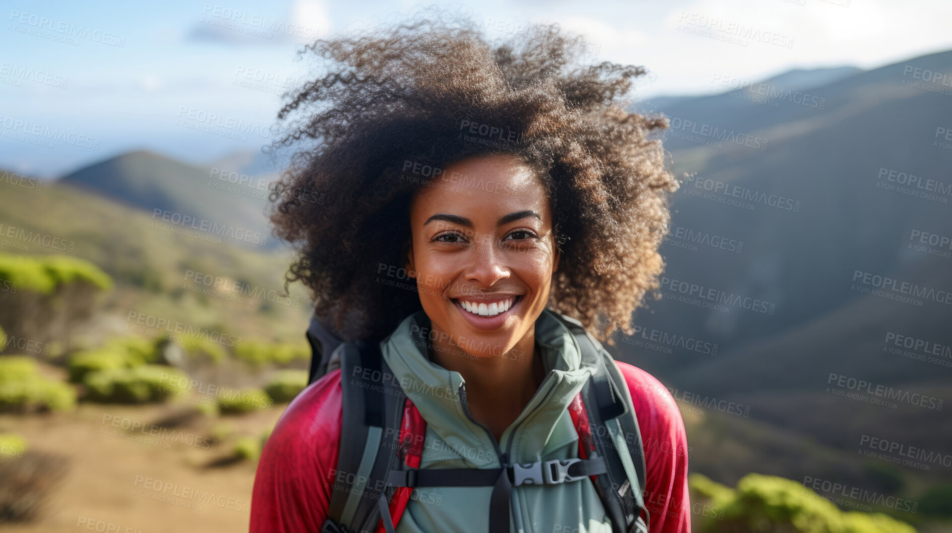 Buy stock photo Happy african american woman hiking outdoors. Fitness hike and travel journey