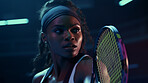 Action Portrait of woman training for tennis match. Confident and focused athlete