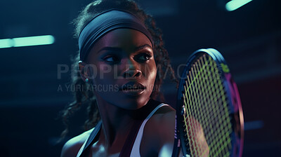 Action Portrait of woman training for tennis match. Confident and focused athlete