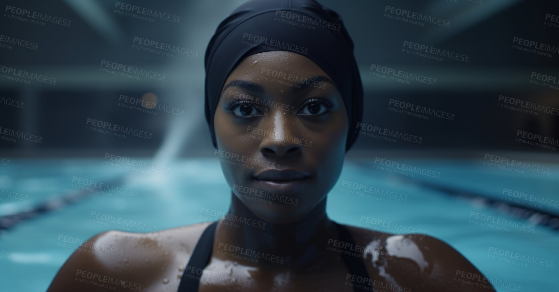 Buy stock photo Portrait of female swimmer in a pool. Fit athlete training for competition