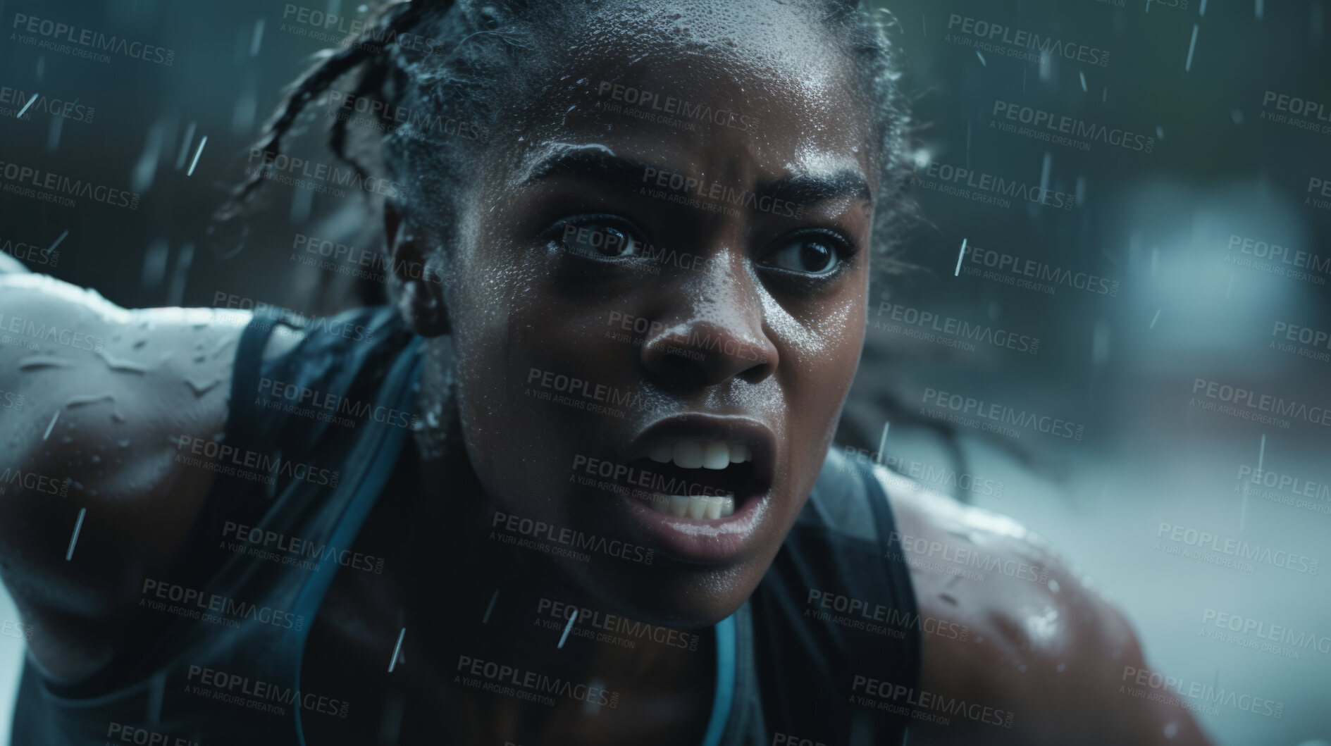 Buy stock photo Action Portrait of female running or training in rain. Confident and focused woman athlete