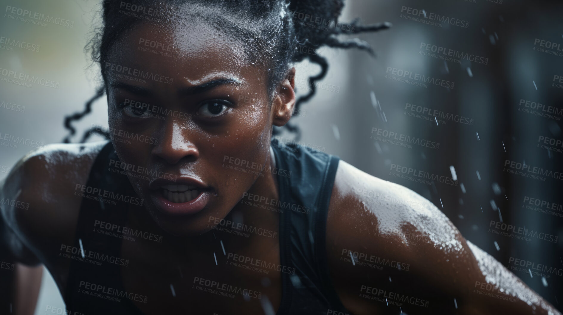 Buy stock photo Action Portrait of female running or training in rain. Confident and focused woman athlete