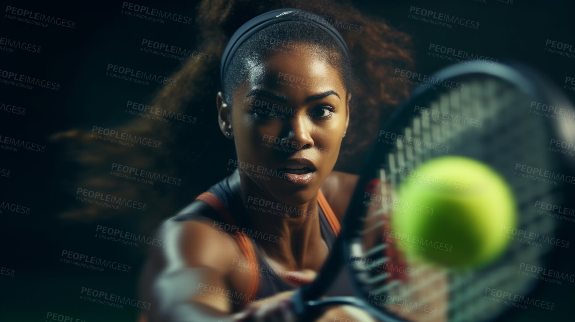 Buy stock photo Action Portrait of woman training for tennis match. Confident and focused athlete