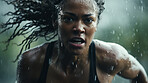 Action Portrait of female running or training in rain. Confident and focused woman athlete