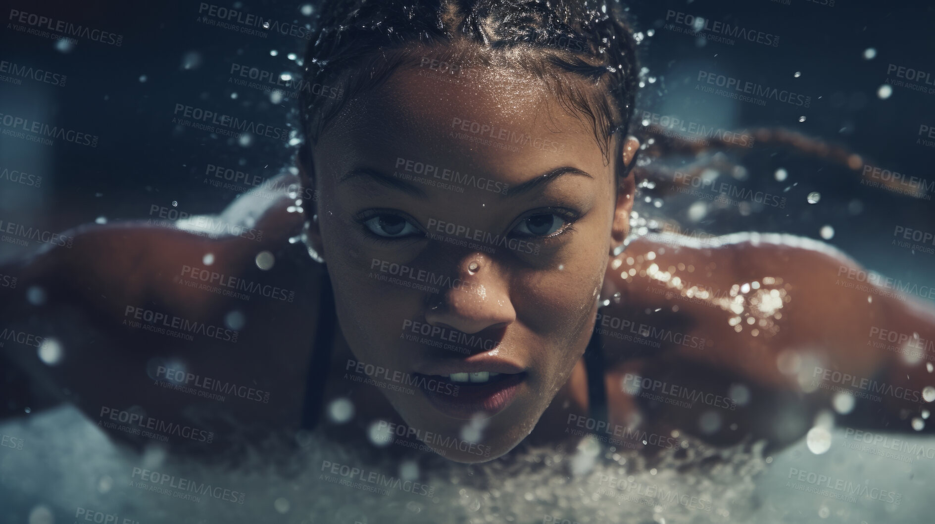 Buy stock photo Action Portrait of female  swimming or training. Confident and focused woman athlete