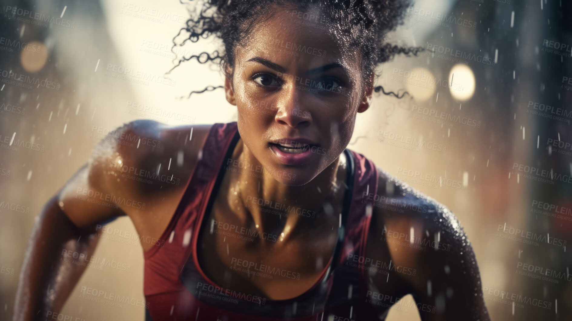 Buy stock photo Action Portrait of female running or training in rain. Confident and focused woman athlete