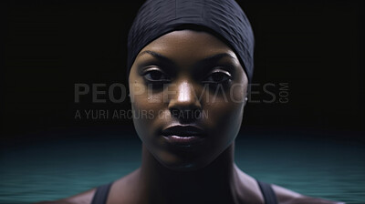 Portrait of female swimmer on black background. Fit athlete training for competition