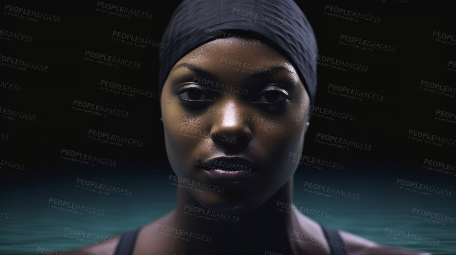 Buy stock photo Portrait of female swimmer on black background. Fit athlete training for competition