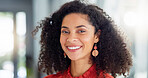 Happy, laughing and the face of a woman at work with pride, happiness and confidence. Smile. cheerful and a portrait of a young corporate employee with positivity, smiling and looking confident