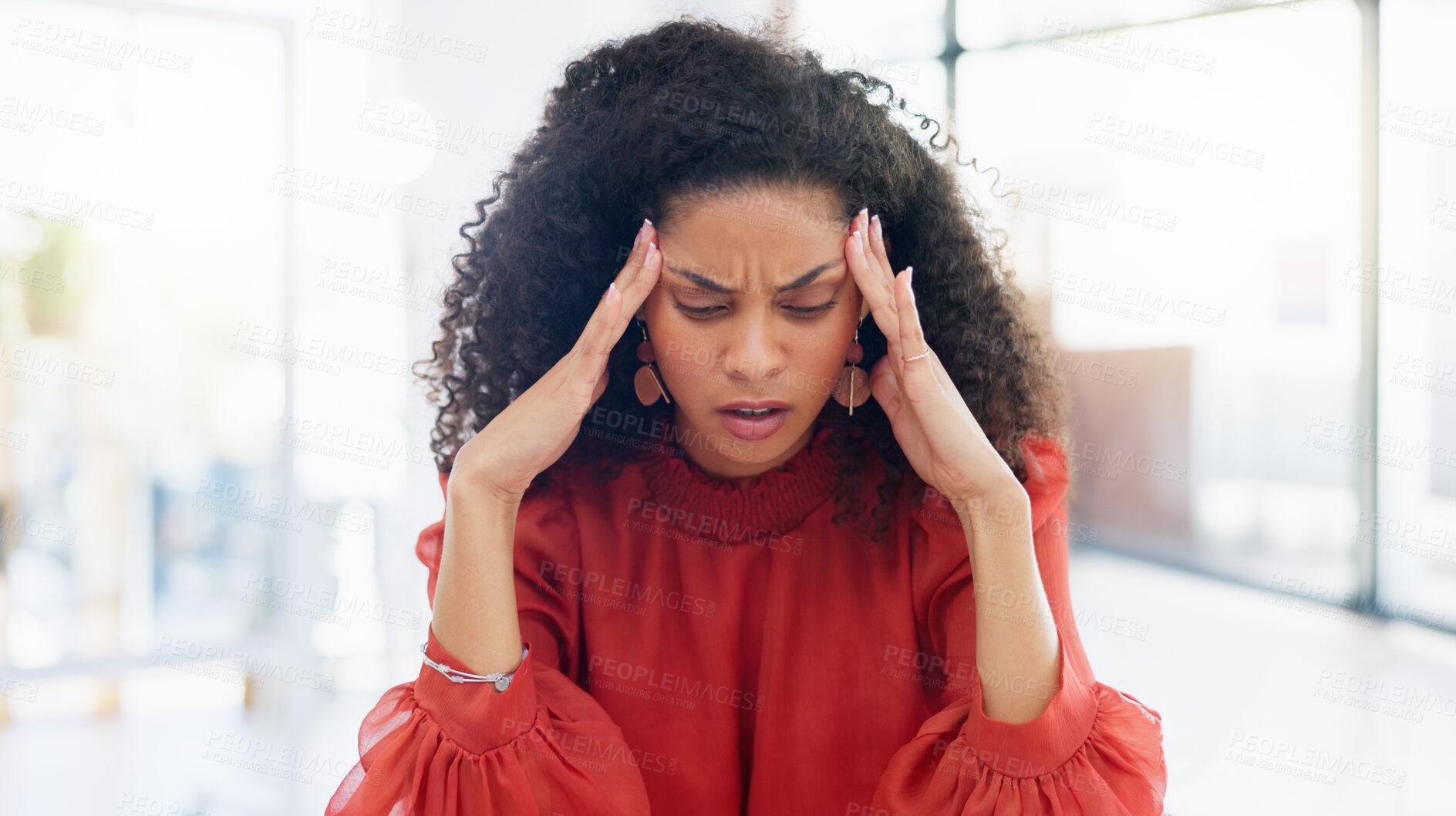 Buy stock photo Laptop, typing and business woman with headache, pain or feeling sick in office workplace. Mental health, stress and exhausted female employee with burnout, depression or fatigue, anxiety or migraine