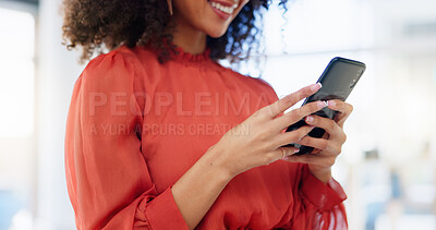 Business, closeup and woman with smartphone, typing and network for social media, connection and online reading. Zoom, female employee and entrepreneur with cellphone, communication or search website