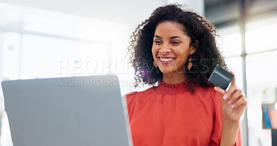 Laptop, happy and business woman with credit card for internet purchase, payment and online shopping. Fintech, ecommerce and female worker smile on computer for digital banking, invest and finance