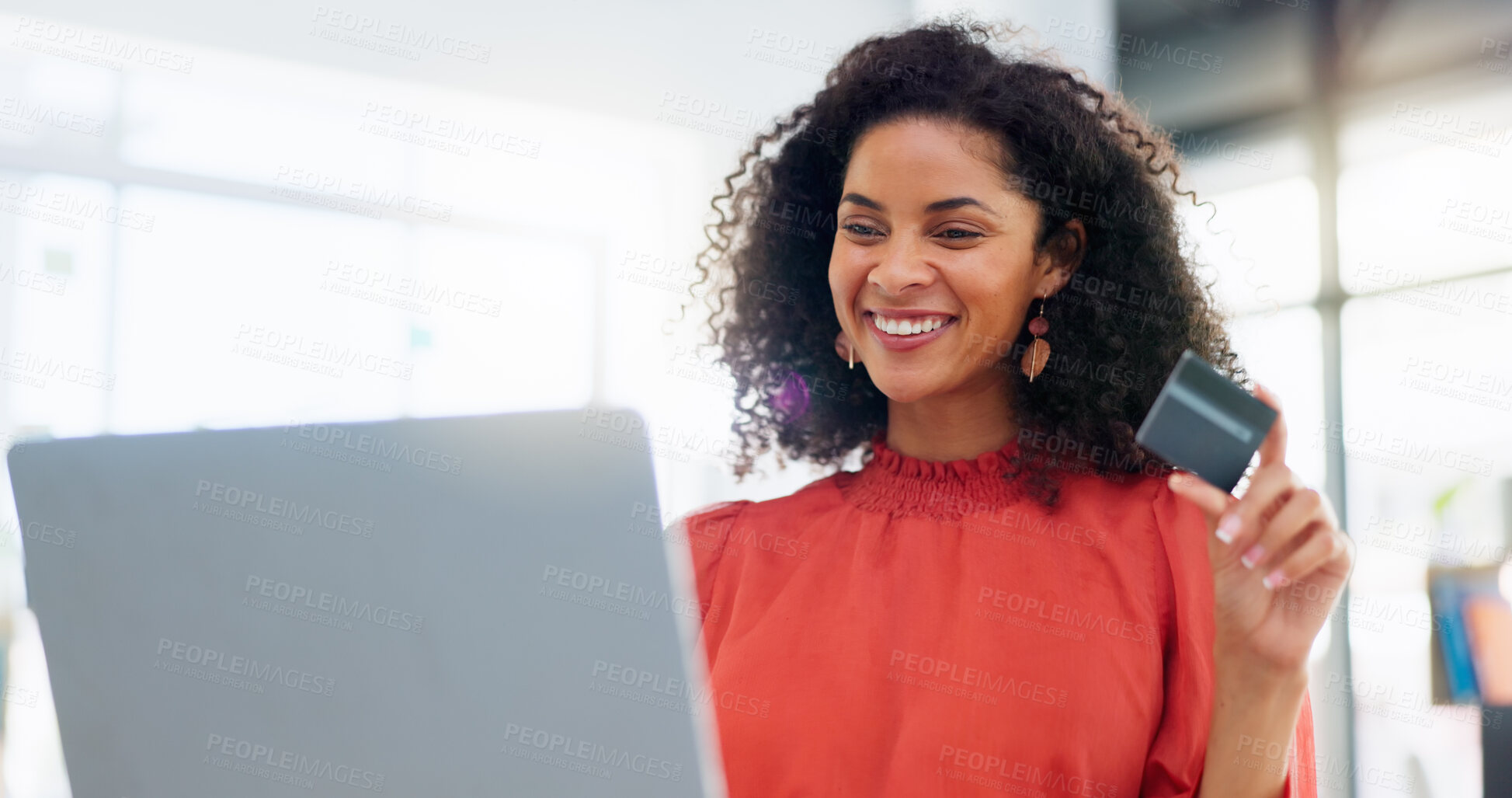 Buy stock photo Laptop, happy and business woman with credit card for internet purchase, payment and online shopping. Fintech, ecommerce and female worker smile on computer for digital banking, invest and finance