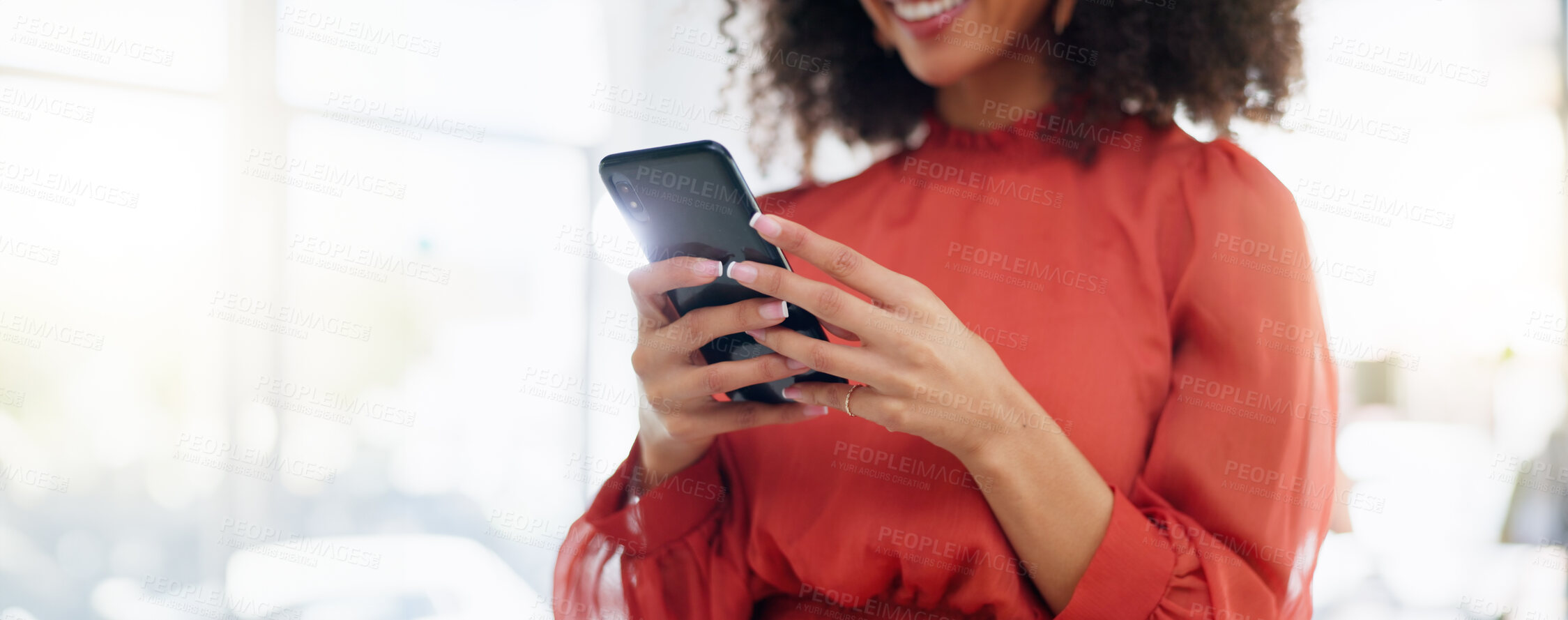 Buy stock photo Business, closeup and woman with smartphone, typing and network for social media, connection and online reading. Zoom, female employee and entrepreneur with cellphone, communication or search website