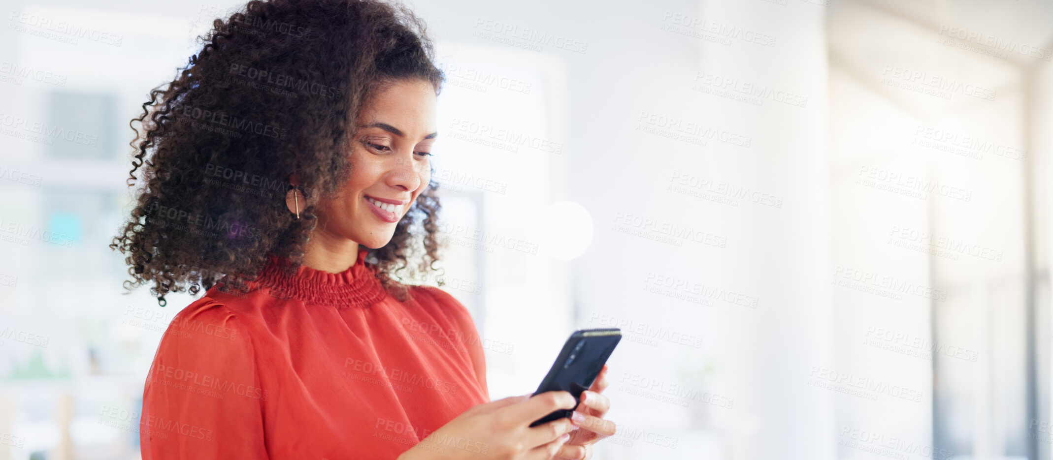 Buy stock photo Business smile, connection and woman with smartphone, typing and communication for planning, strategy and search internet. Female employee, consultant and administrator with cellphone, signal and network