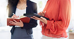 Teamwork, planning and strategy with hands of women in office for research, commitment and collaboration. Tablet, notebook and writing with employees browsing for advice, development and meeting