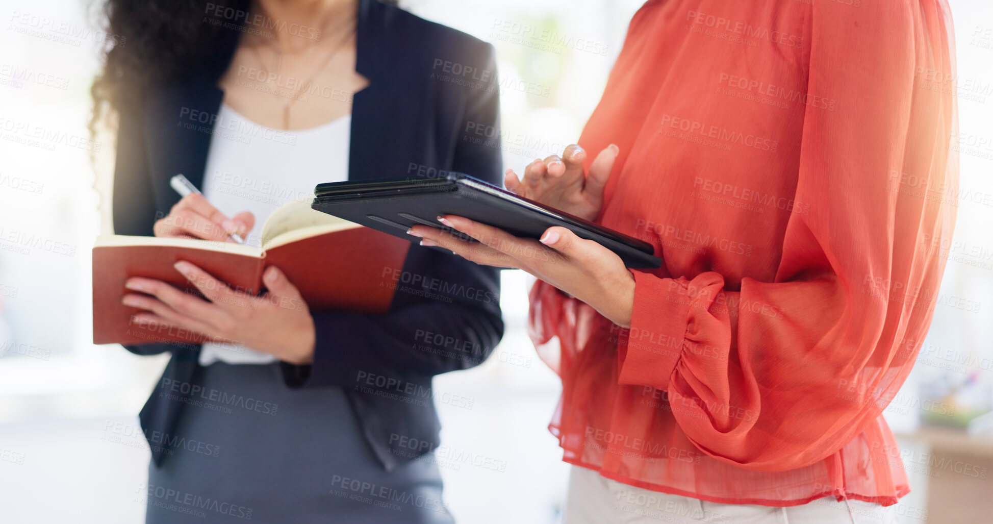 Buy stock photo Teamwork, planning and strategy with hands of women in office for research, commitment and collaboration. Tablet, notebook and writing with employees browsing for advice, development and meeting