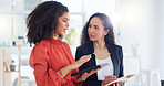 Teamwork, planning and review with women in office for discussion, commitment and collaboration. Tablet, notebook and conversation with employees talking for advice, development and strategy meeting