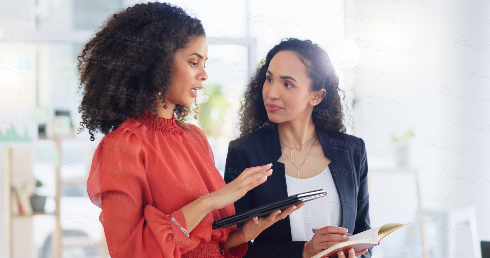 Buy stock photo Teamwork, planning and review with women in office for discussion, commitment and collaboration. Tablet, notebook and conversation with employees talking for advice, development and strategy meeting