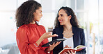 Teamwork, planning and review with women in office for discussion, commitment and collaboration. Tablet, notebook and conversation with employees talking for advice, development and strategy meeting