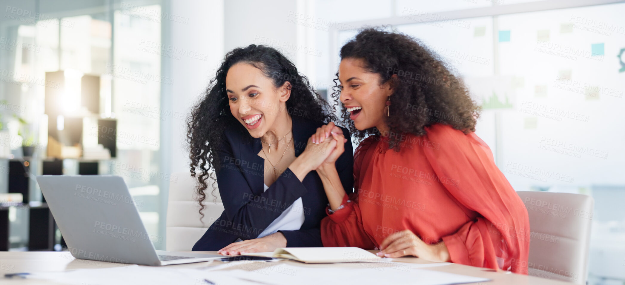 Buy stock photo Laptop, success and business women high five to celebrate goals, targets or achievement in office. Winner, wow surprise and happy friends or employees in celebration of winning, promotion and bonus.