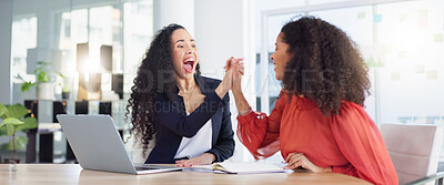 Buy stock photo Laptop, success and business women high five to celebrate goals, targets or achievement in office. Winner, wow surprise and happy friends or employees in celebration of winning, promotion and bonus.