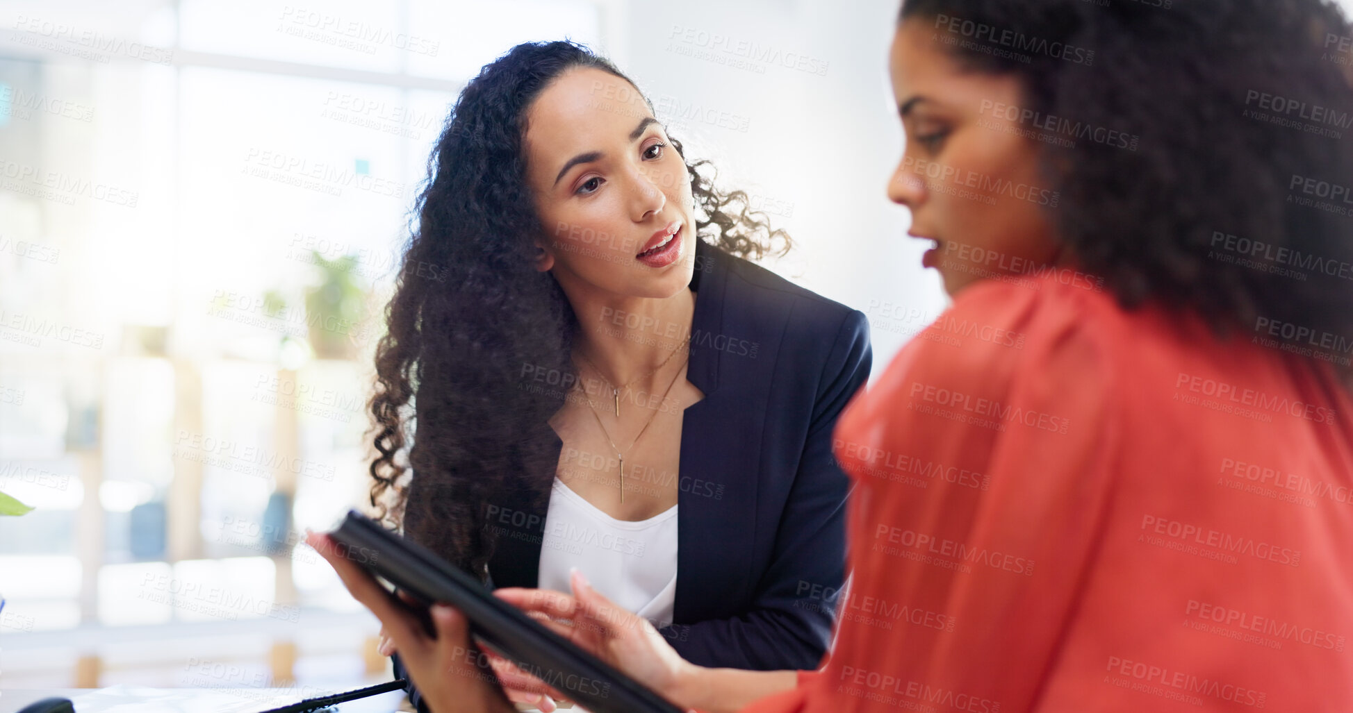 Buy stock photo Teamwork, tablet and business women in office helping coworker with project. Coaching, collaboration and intern in training talking to mentor with touchscreen technology for learning in company.