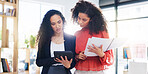 Teamwork, planning and strategy with women in office for discussion, commitment and collaboration. Tablet, notebook and conversation with employees talking for advice, development and meeting