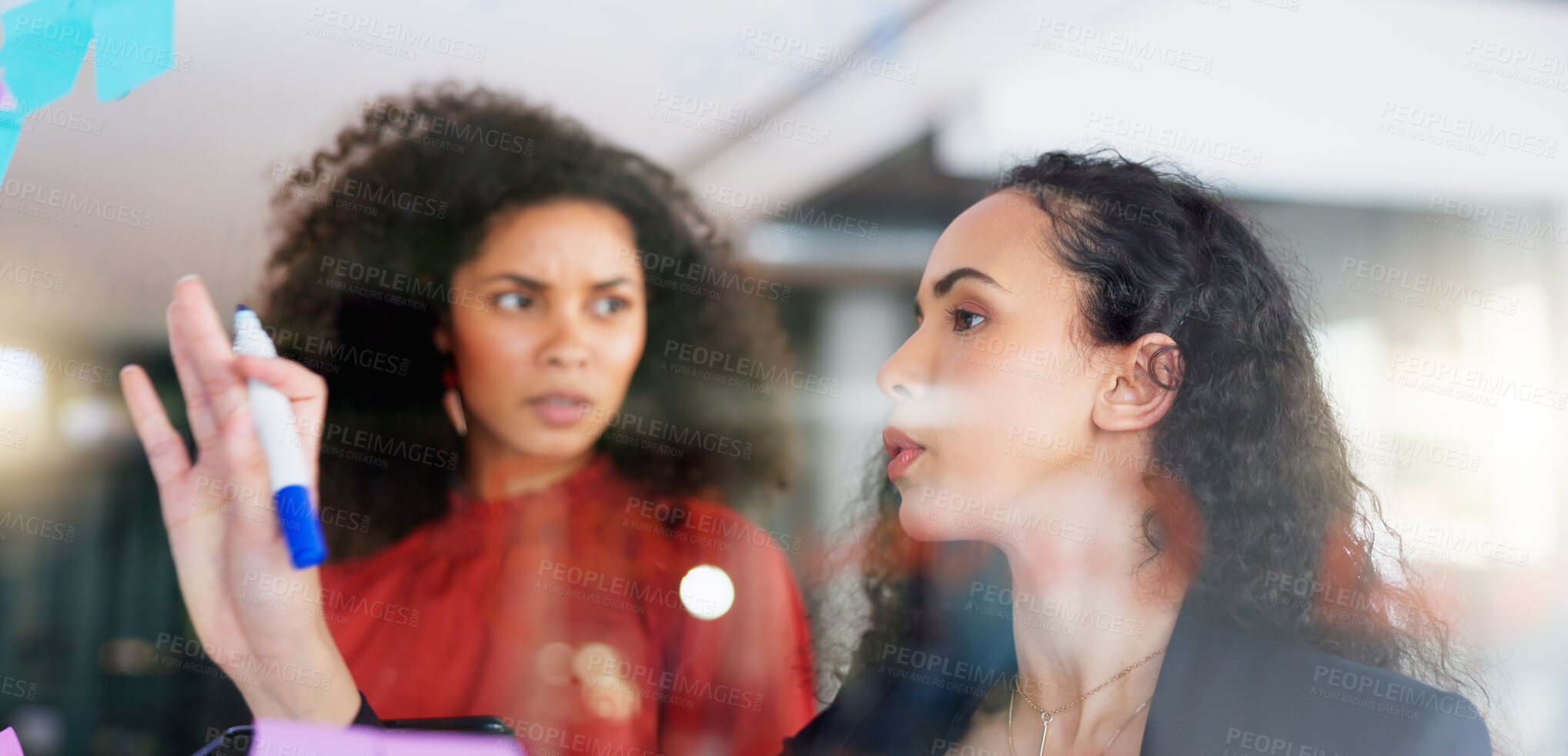 Buy stock photo Planning, strategy and business women on glass board teamwork, collaboration and creative ideas for project. Biracial people or staff for workflow management, schedule or planner on window reflection