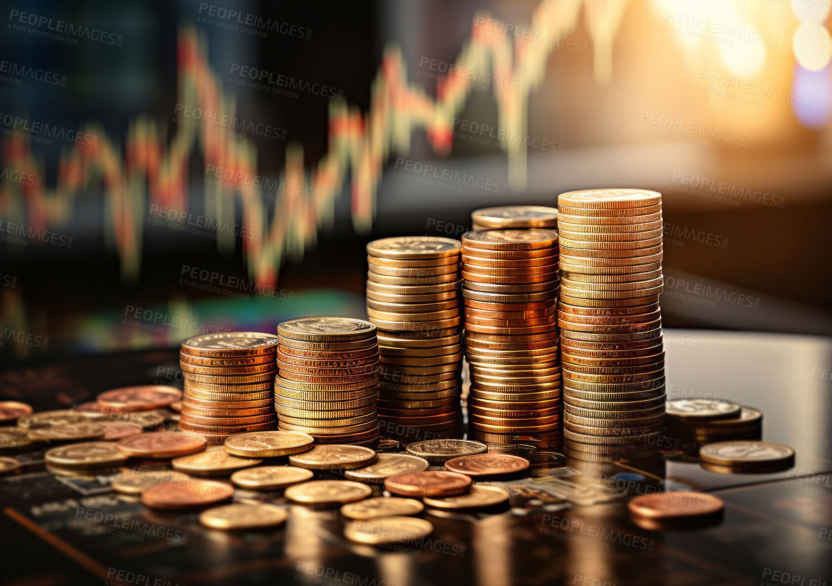 Buy stock photo Coins stacked on table, financial graphs in background. Stock exchange, currency concept.