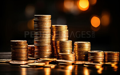 Coins stacked on table, financial graphs in background. Stock exchange, currency concept.