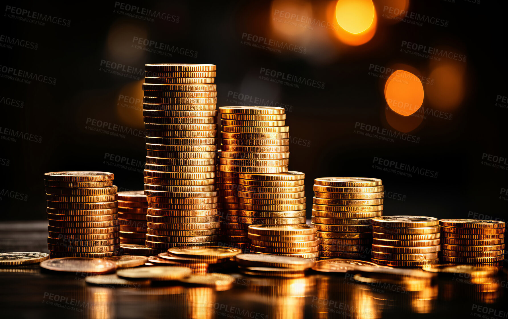 Buy stock photo Coins stacked on table, financial graphs in background. Stock exchange, currency concept.