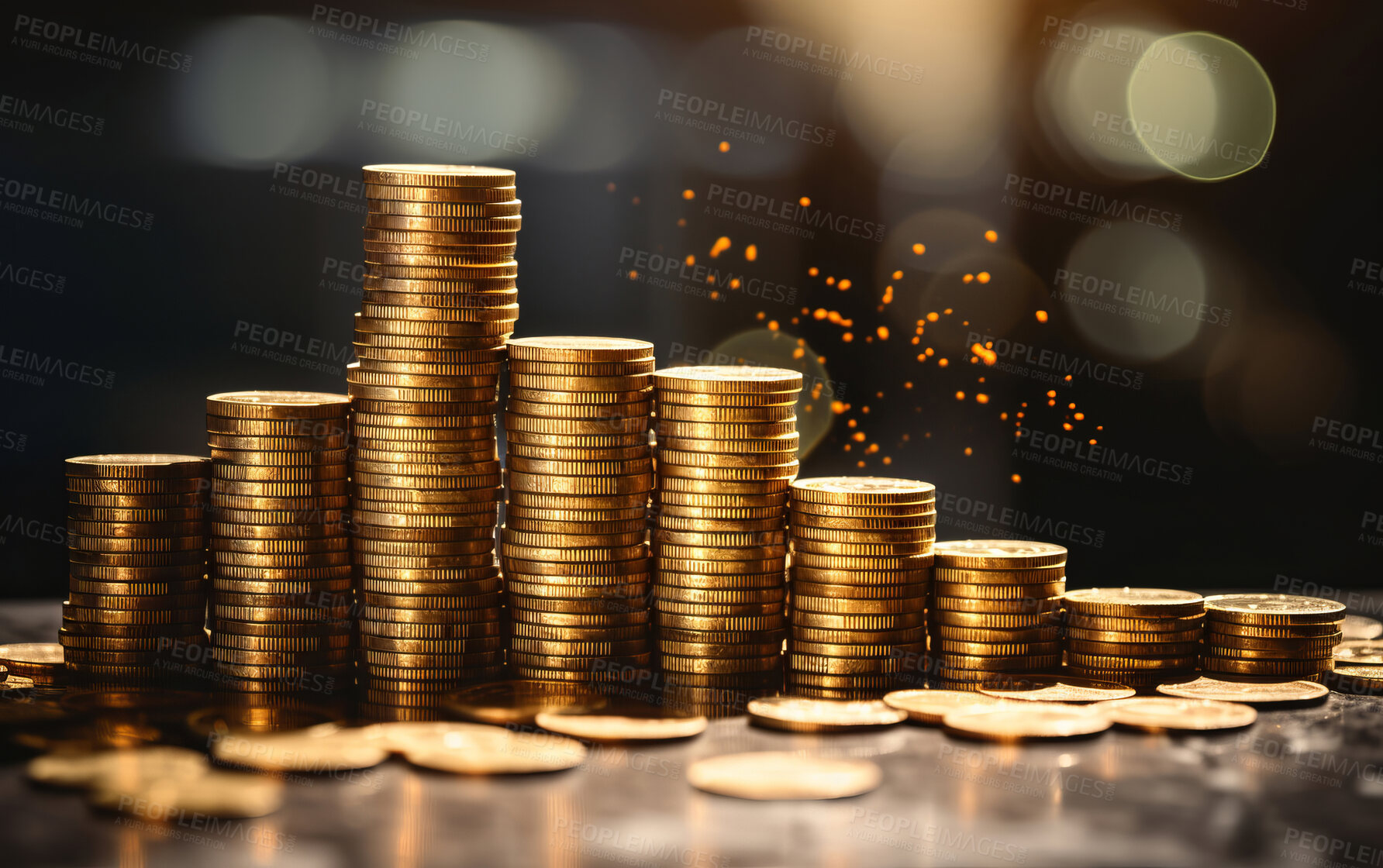 Buy stock photo Coins stacked on table, financial graphs in background. Stock exchange, currency concept.