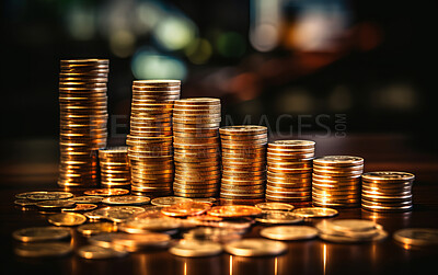 Coins stacked on table, financial graphs in background. Stock exchange, currency concept.