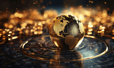 Globe with Stock exchange graphs and gold. Global finance, business network concept.