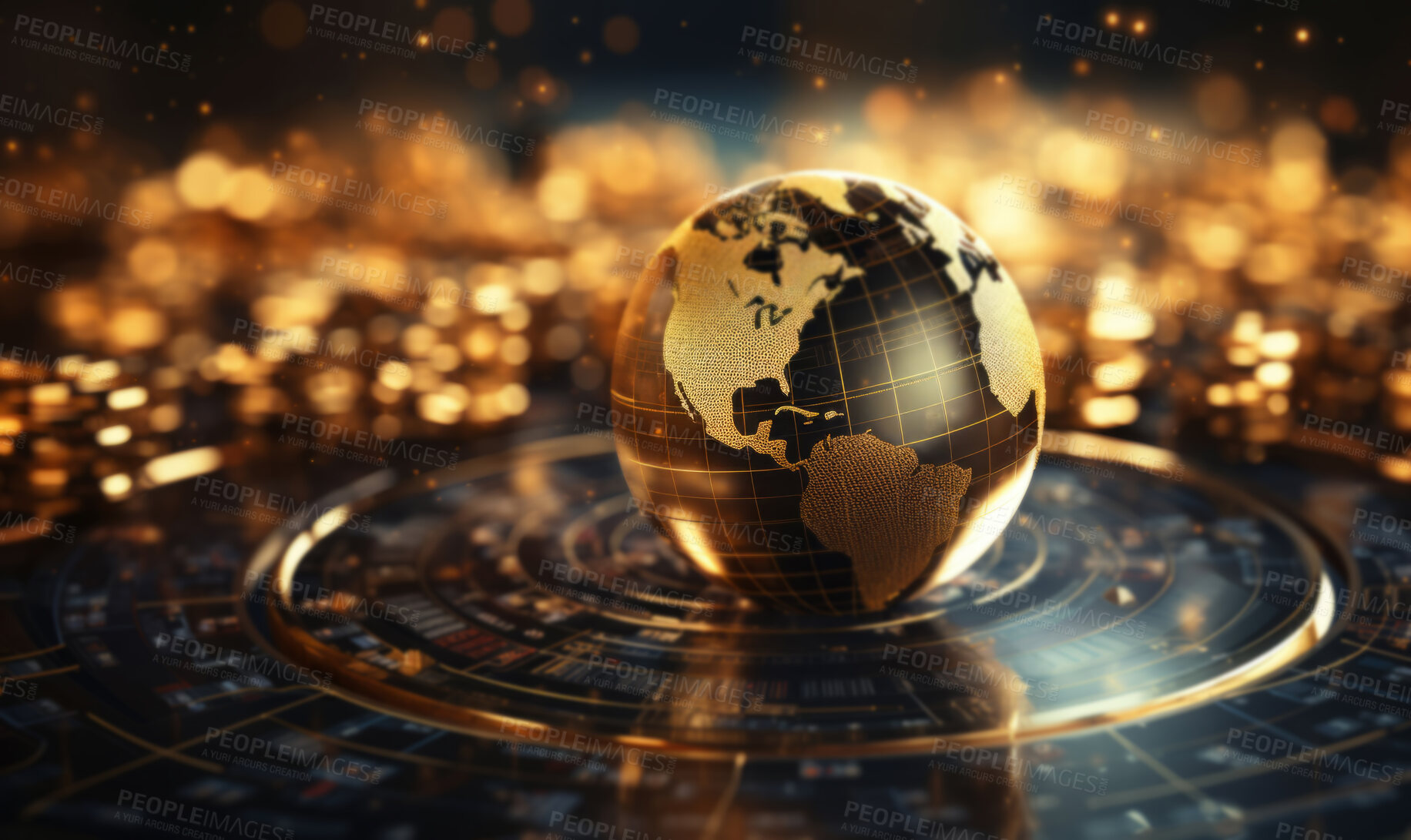 Buy stock photo Globe with Stock exchange graphs and gold. Global finance, business network concept.