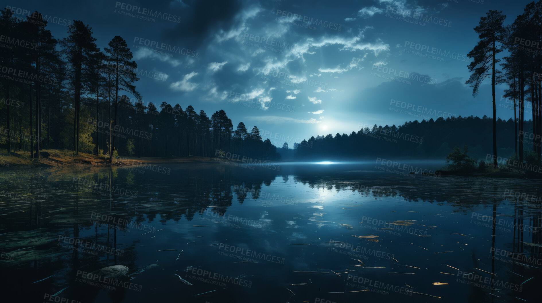 Buy stock photo Views of beautiful lake at night. Moon reflection on crystal clear waters.