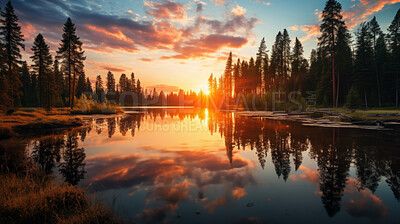 Views of beautiful lake during colourful sunset. Reflection on crystal clear waters.