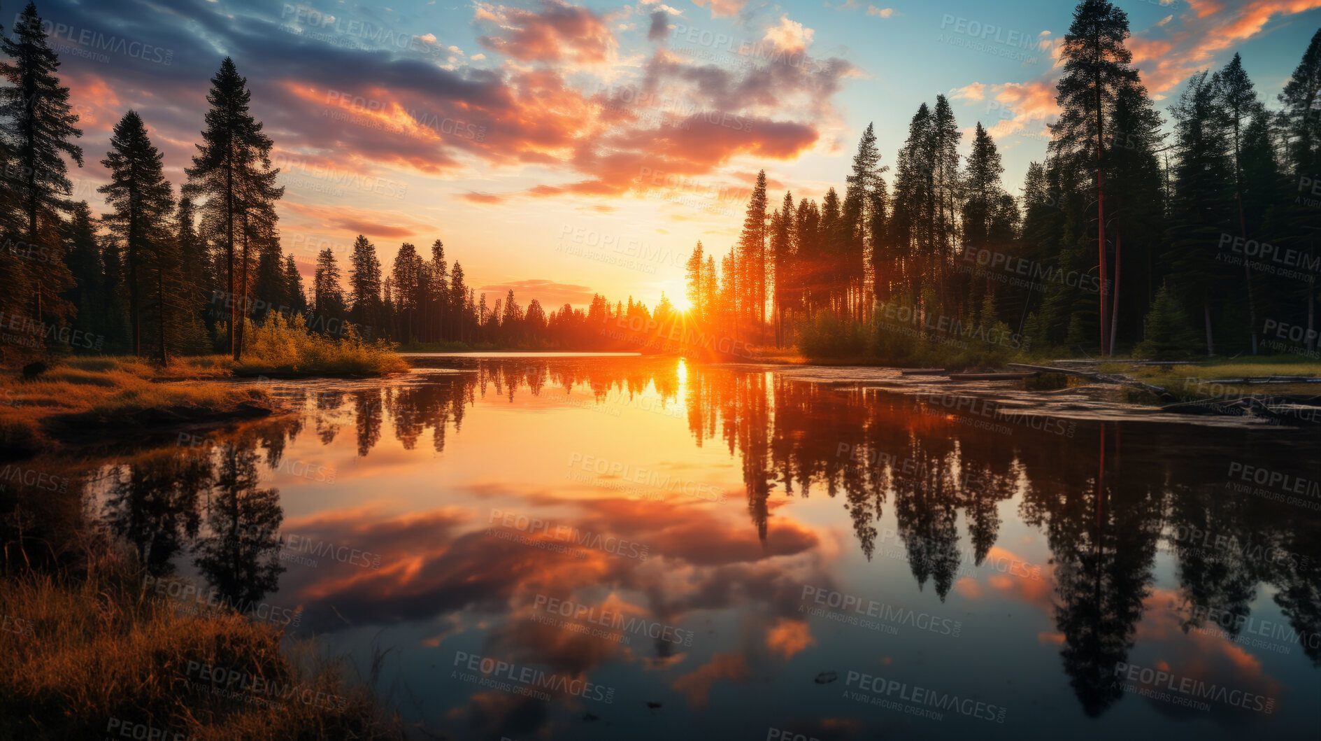 Buy stock photo Views of beautiful lake during  colourful sunset. Reflection on crystal clear waters.