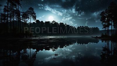 Views of beautiful lake at night. Moon reflection on crystal clear waters.
