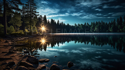 Views of beautiful lake during sunrise. Reflection on crystal clear waters.