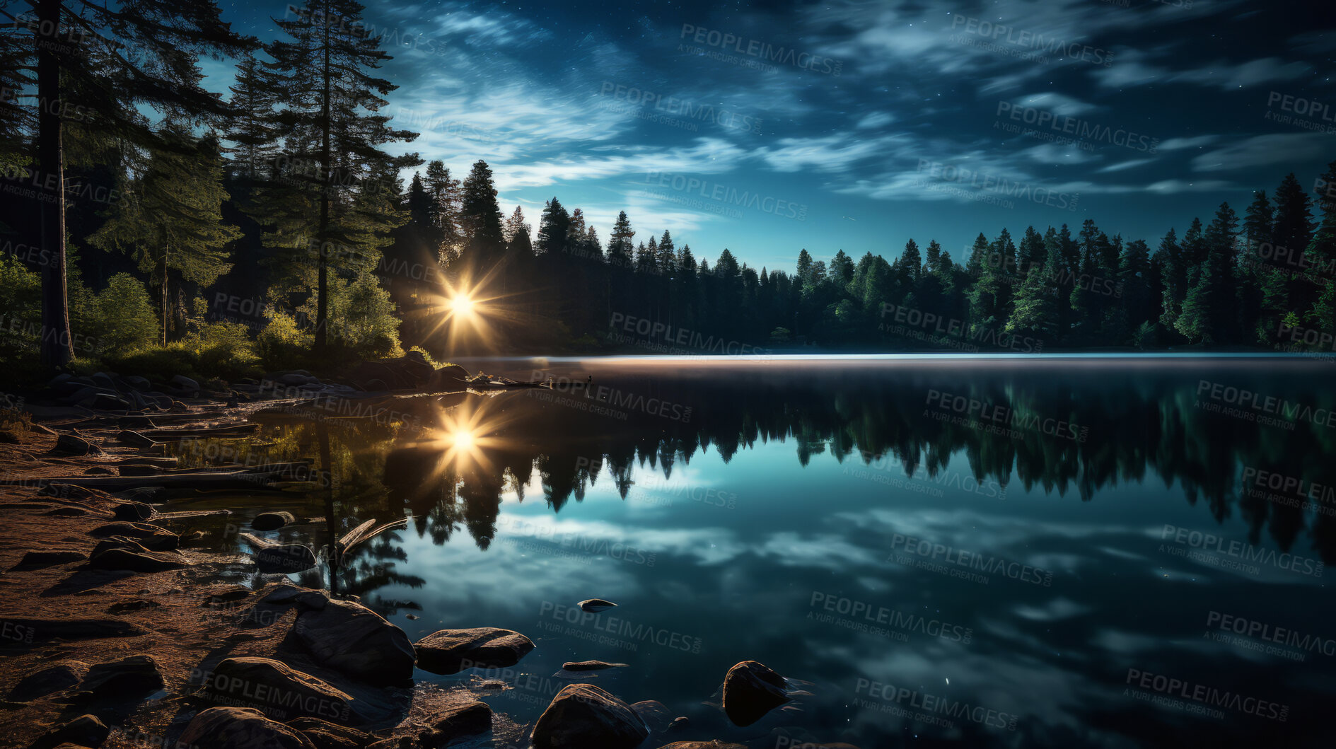 Buy stock photo Views of beautiful lake during  colourful sunset. Reflection on crystal clear waters.