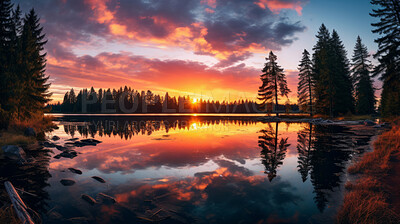 Views of beautiful lake during colourful sunset. Reflection on crystal clear waters.